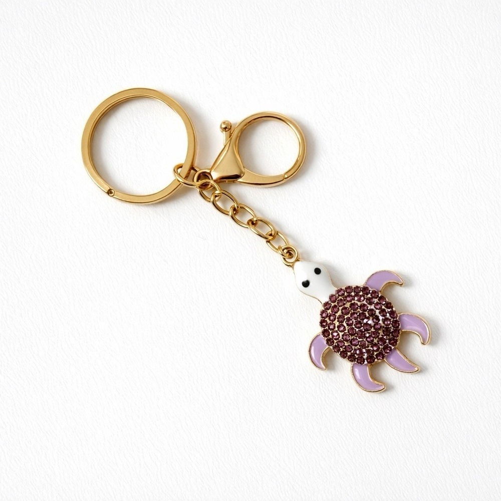 Purple Rhinestone Sea Turtle Gold Tone Metal Key Chain Charm with Clip 4"